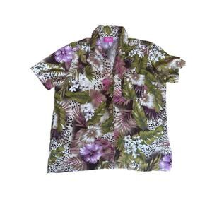 Vintage 80s Women's Shirt Button Up Floral Hawaiian Print Size LARGE